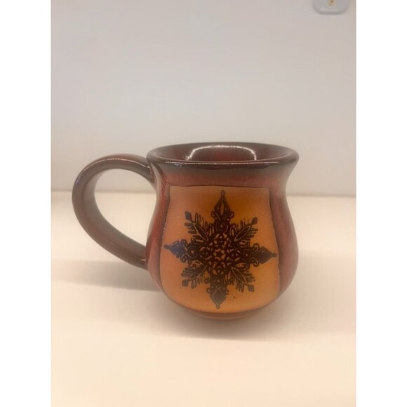 Always Azul Pottery Snowflake Design Stoneware Coffee Mug 12 oz Burgandy Orange - Picture 1 of 3